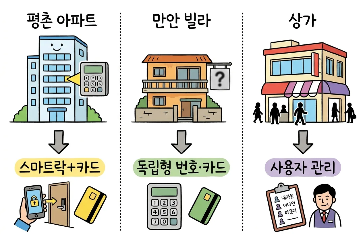 안양 두 생활권(평촌 아파트·만안 빌라·상가)별로 맞는 도어락 방식을 갈래로 보여 주는 다이어그램