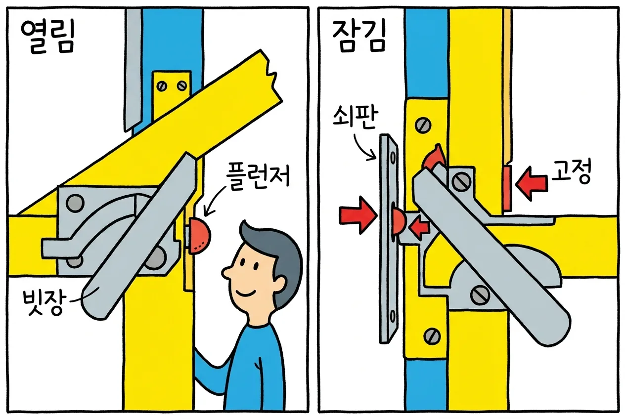 데드래치 원리 개념도로, 문이 닫히면 보조 플런저가 문틀 쇠판에 눌리고 그 플런저가 메인 래치볼트의 후퇴를 잠그는 과정