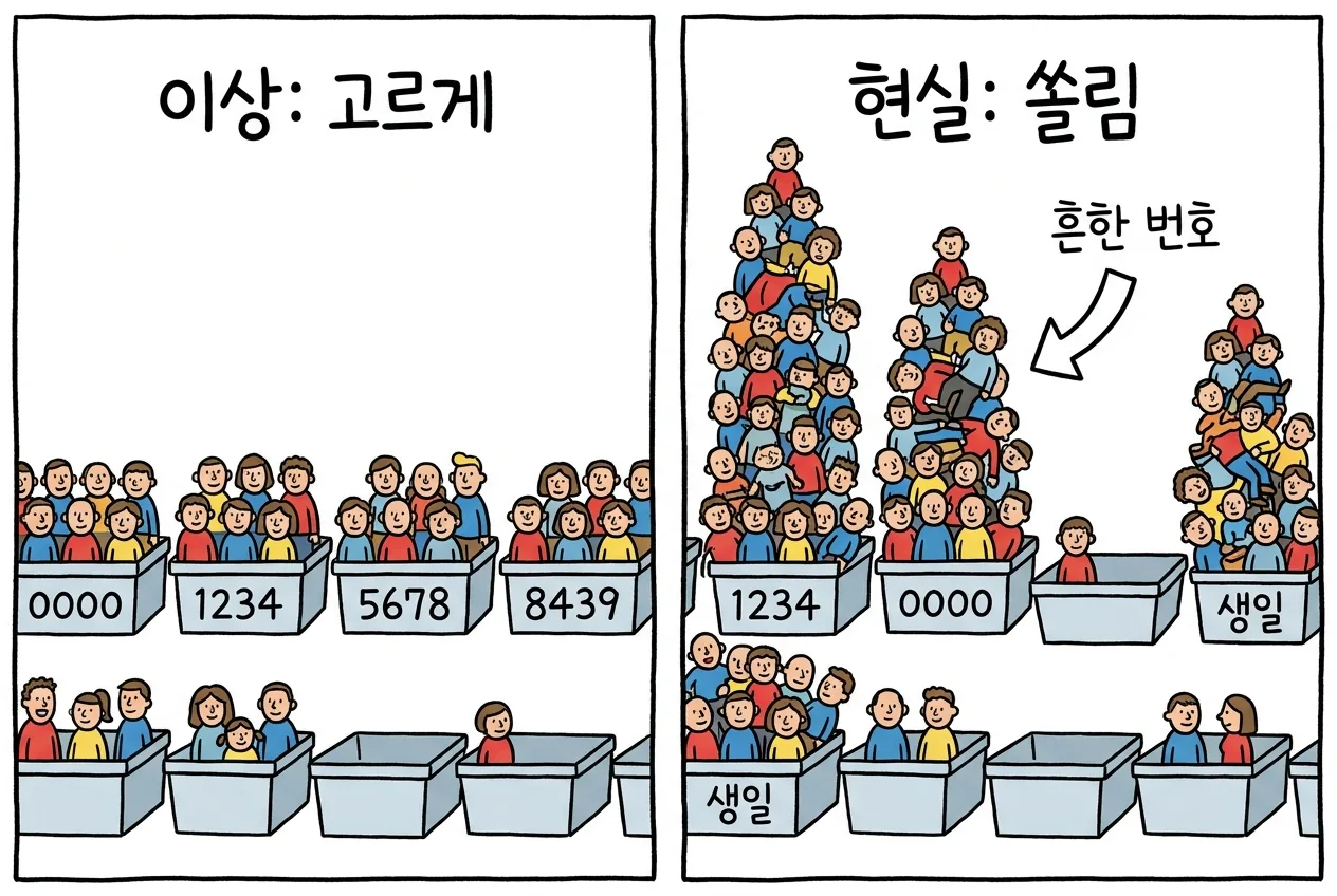 이상적으로는 번호가 고르게 퍼져야 하지만 현실은 소수의 흔한 번호에 사람들이 쏠리는 대비 개념도