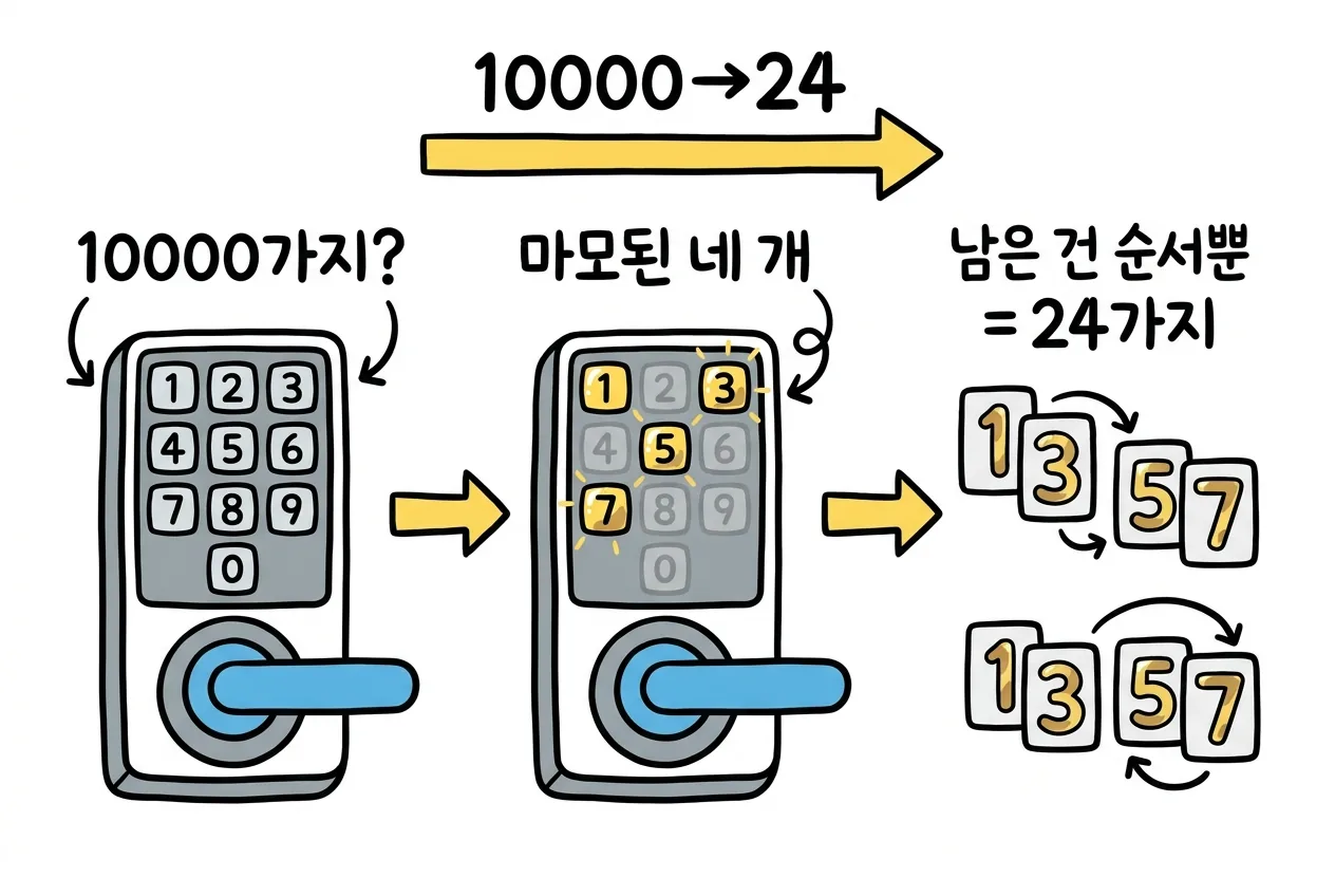 도어락 키패드에서 마모된 네 개의 버튼이 드러나면 후보가 1만 가지에서 24가지로 줄어드는 과정