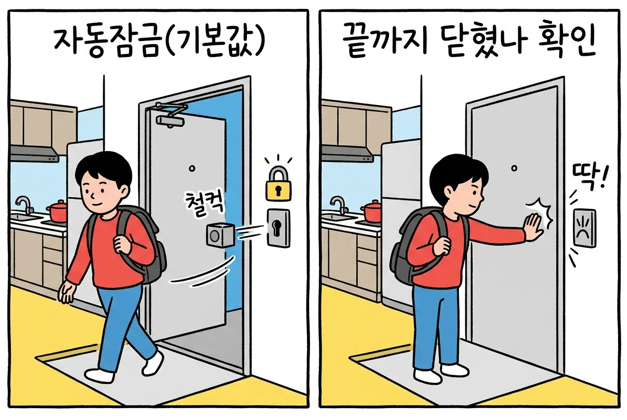 혼자 사는 집에서 문을 나설 때 자동잠금으로 도어락이 스스로 잠기고, 문이 끝까지 닫혔는지 손으로 한 번 확인하는 습관을 보여주는 그림
