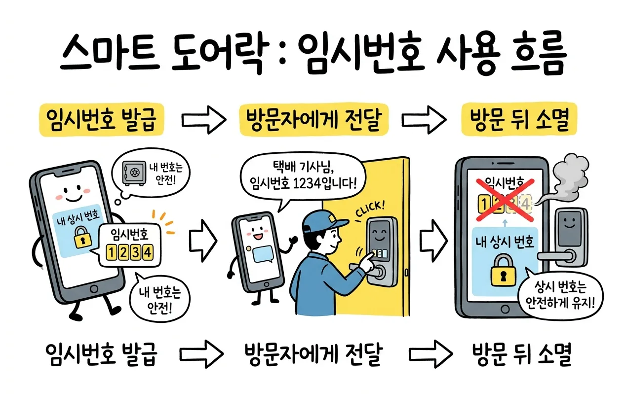 택배·방문자에게는 상시 번호 대신 앱으로 임시번호를 발급해 전달하고 방문이 끝나면 그 번호가 소멸하는 3단계 과정