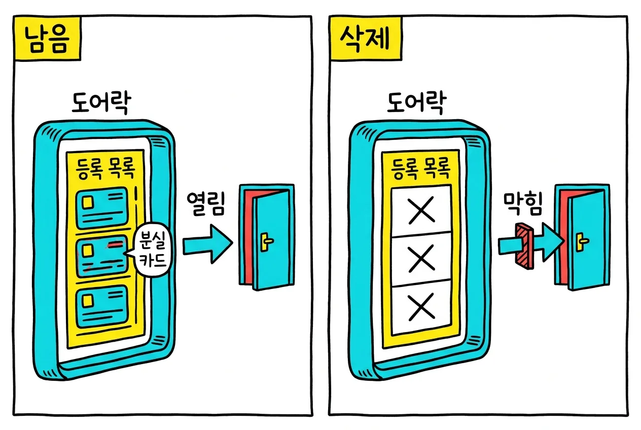 도어락 내부 등록 목록의 슬롯을 보여 주는 개념도. 분실 카드 슬롯이 남으면 문이 열리고 슬롯을 지우면 막힌다는 비교