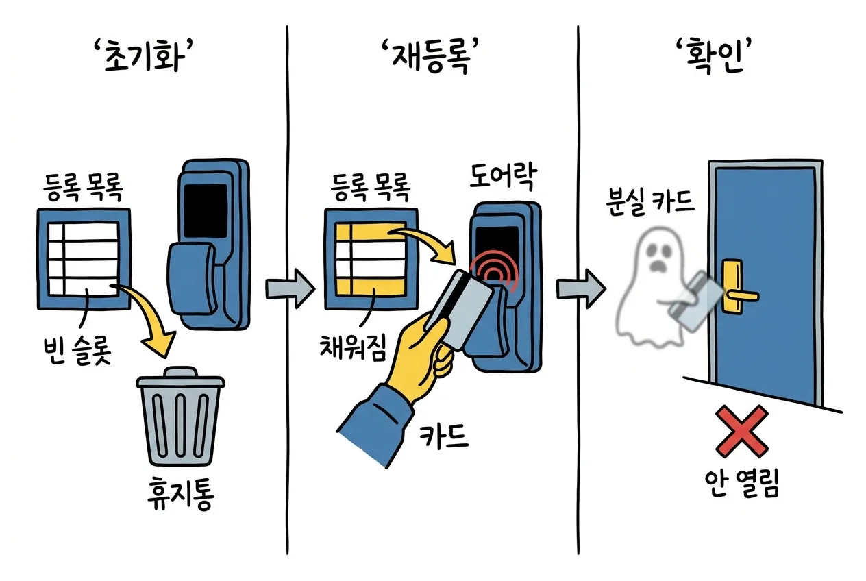 전체 초기화 후 남은 카드만 재등록하고 분실 카드로 안 열림을 확인하는 3단계 절차 패널